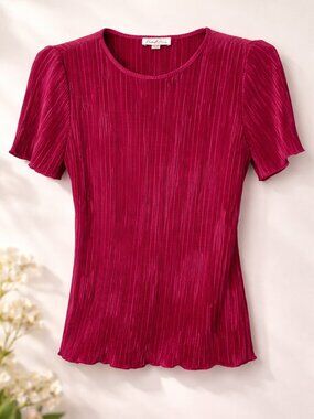 Retro y2k lattice hem satin look crinkle fushia evening wear short sleeve blouse